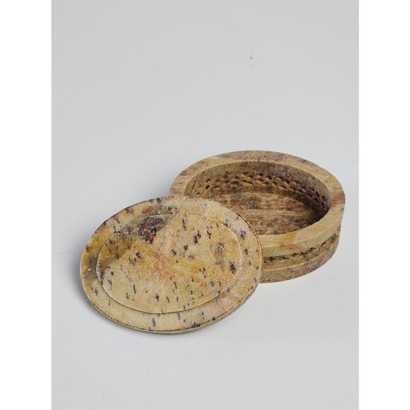 Vintage Carved Soapstone Trinket Jewelry Box Mother of Pearl Floral Inlay Decor - Picture 6 of 11